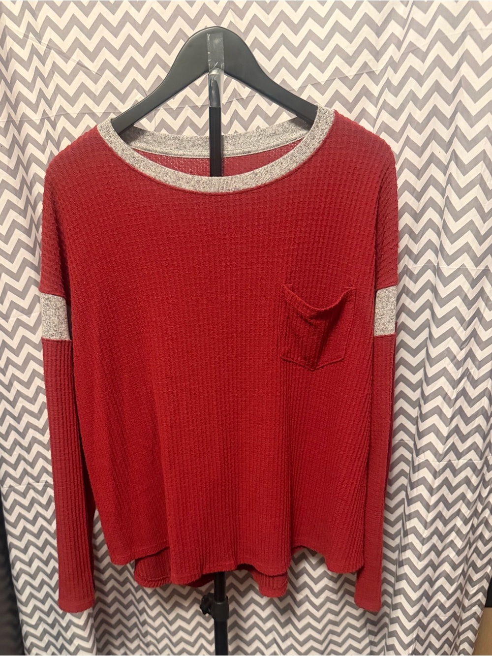 SO Women's Long Sleeve Waffle Knit Top in Burgundy with Heather Gray Trim